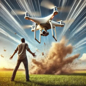 Frustrated person standing next to a drone with exaggerated spinning propellers that are kicking up dust, but the drone remains grounded in a grassy open field. The person has their arms raised in frustration under a bright sunny sky, watching as the tilted drone struggles to take off